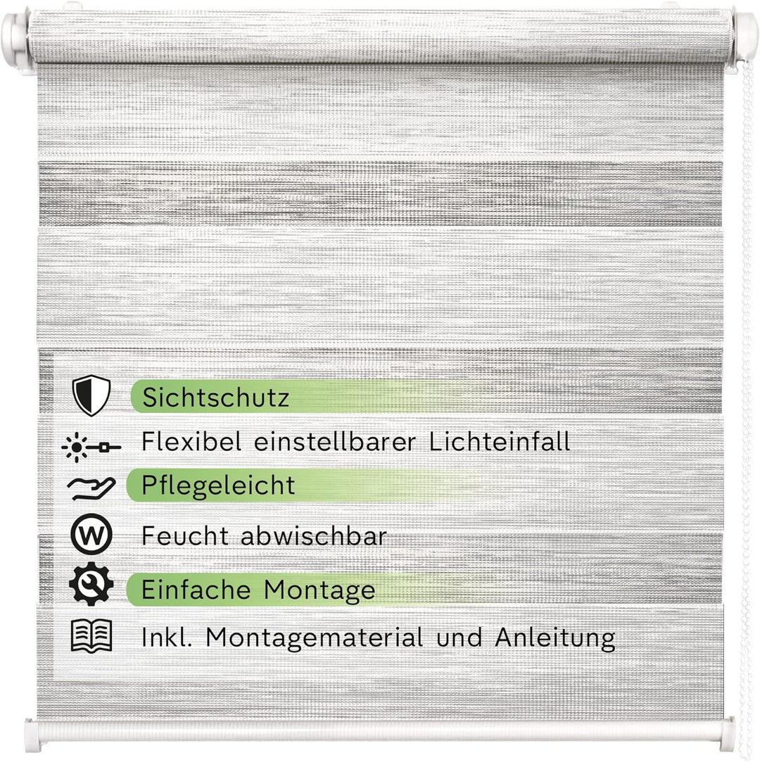Rikmani Doppelrollo Fensterrollo LUIS Duo-Rollo Klemmfixierung Zebrarollo Seitenzugrollo ohne Bohren