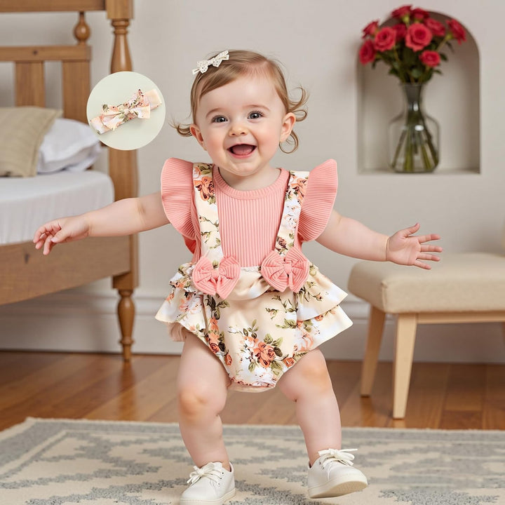 2 Stück Baby Mädchen Sommer Kleidung Outfit Blumendruck Strampler + Stirnband Kleinkinder Body Kleid