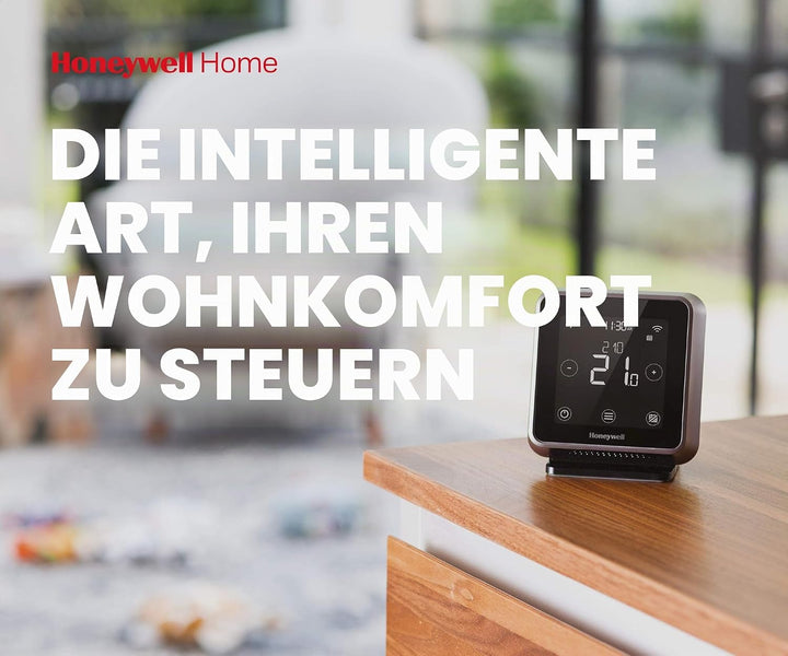 Honeywell Home T6R Wi-Fi Raumthermostat mit Tischhalter, Netzteil und Funk-Empfängerbox, schwarz, Y6