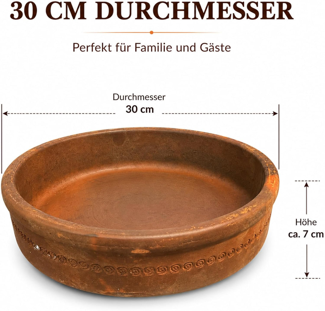 Terrakotta Güveç Tava Ø 30 cm – Handgefertigte Auflaufform aus Naturton für Ofen, Güveç, Schmorgeric