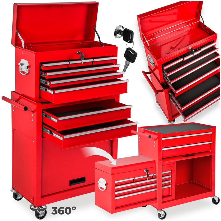 tectake Werkstattwagen Trolley mit Kofferaufsatz, Werkzeug Wagen abschliessbar, 10 Fächer, Mobile We