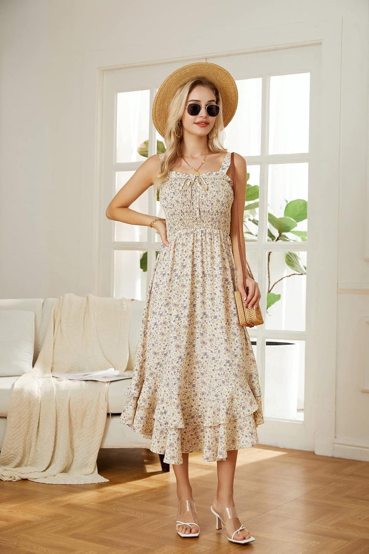 GRACE KARIN Damen langes Blumenkleid Ärmellos Spaghettiträger Freizeitkleid Böhmisch Maxikleid Stran