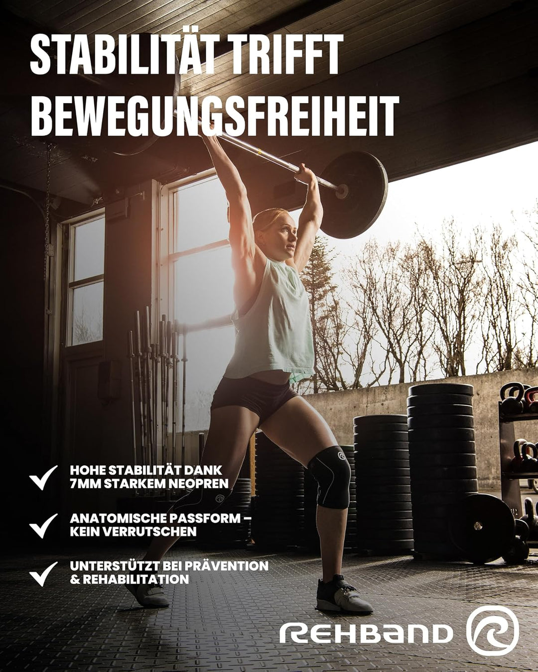 Rehband Kniebandage für Kraftsport &amp; Fitness - Kniebandage 7mm Neopren, flexibel &amp; rutschfest, Knee
