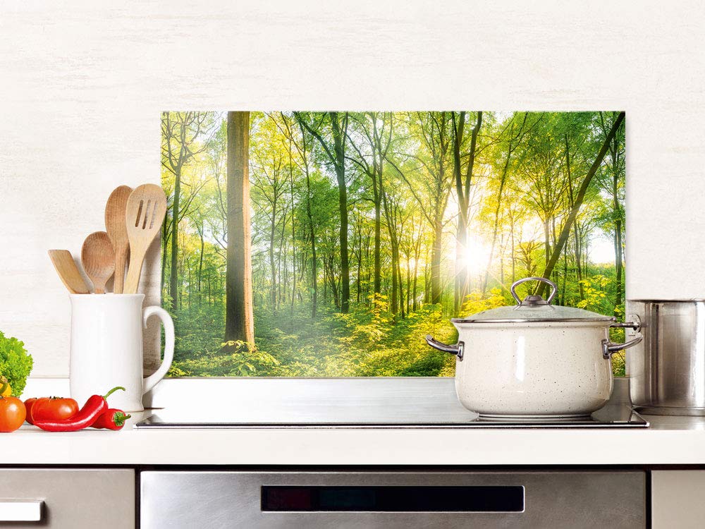 GRAZDesign Spritzschutz Küche Glas Wald, Lichtung, Bäume in Grün, Küchenrückwand Glas für Herd und S
