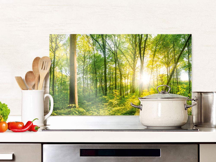 GRAZDesign Spritzschutz Küche Glas Wald, Lichtung, Bäume in Grün, Küchenrückwand Glas für Herd und S