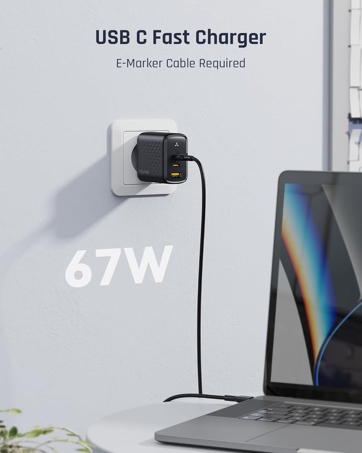 VOLTME 67W Ladegerät, USB-C Netzteil Schnellladegerät, GaN 3-Port PD PPS Charger USB C Power Adapter