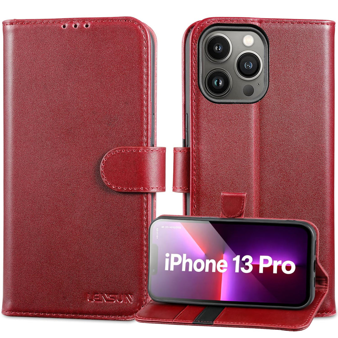 LENSUN Echtleder Hülle für iPhone 13 Pro, Handyhülle Flip Cover [Echtes Leder][Kartenfach][RFID Schu