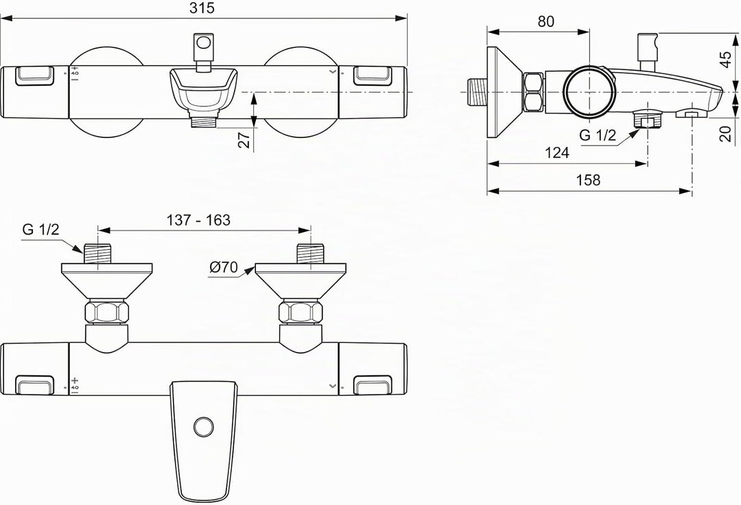 Ideal Standard A7206AA Ceratherm T25 Badethermostat Aufputz, Chrom Wanne