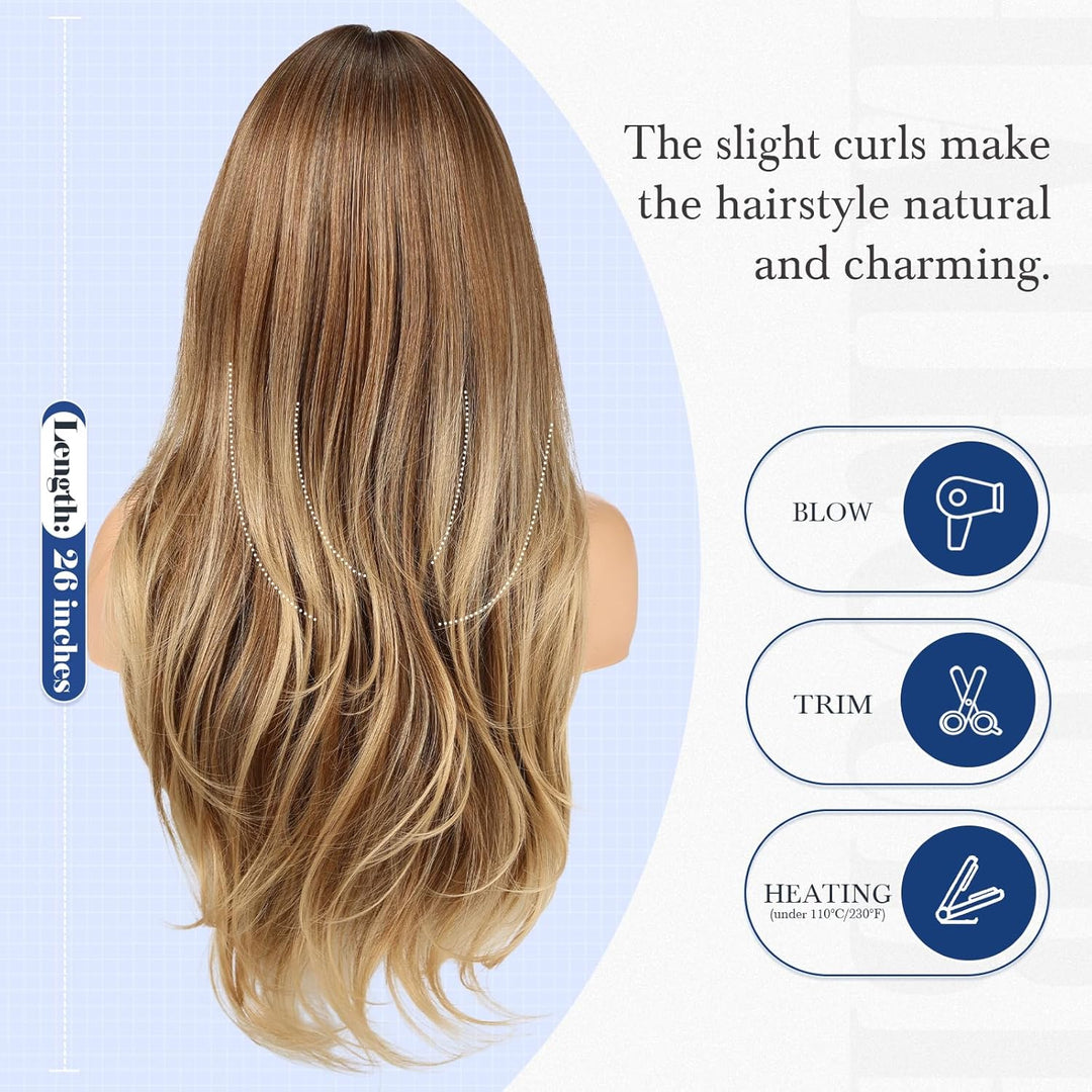 HAIRCUBE Lange Ombre-Perücke in Braun mit Pony, geschichtete lockige Perücken für Frauen, natürliche