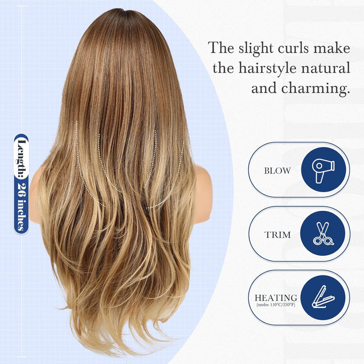 HAIRCUBE Lange Ombre-Perücke in Braun mit Pony, geschichtete lockige Perücken für Frauen, natürliche
