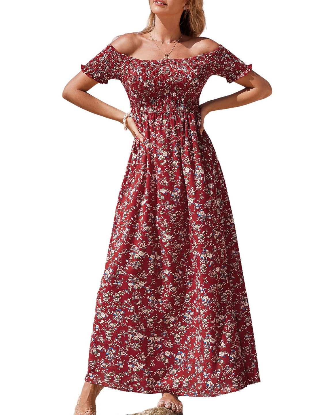 CUPSHE Damen Sommerkleid Schulterfreies Kleid Kurzarm Beinschlitz Blumenmuster Gesmokte Freizeitklei