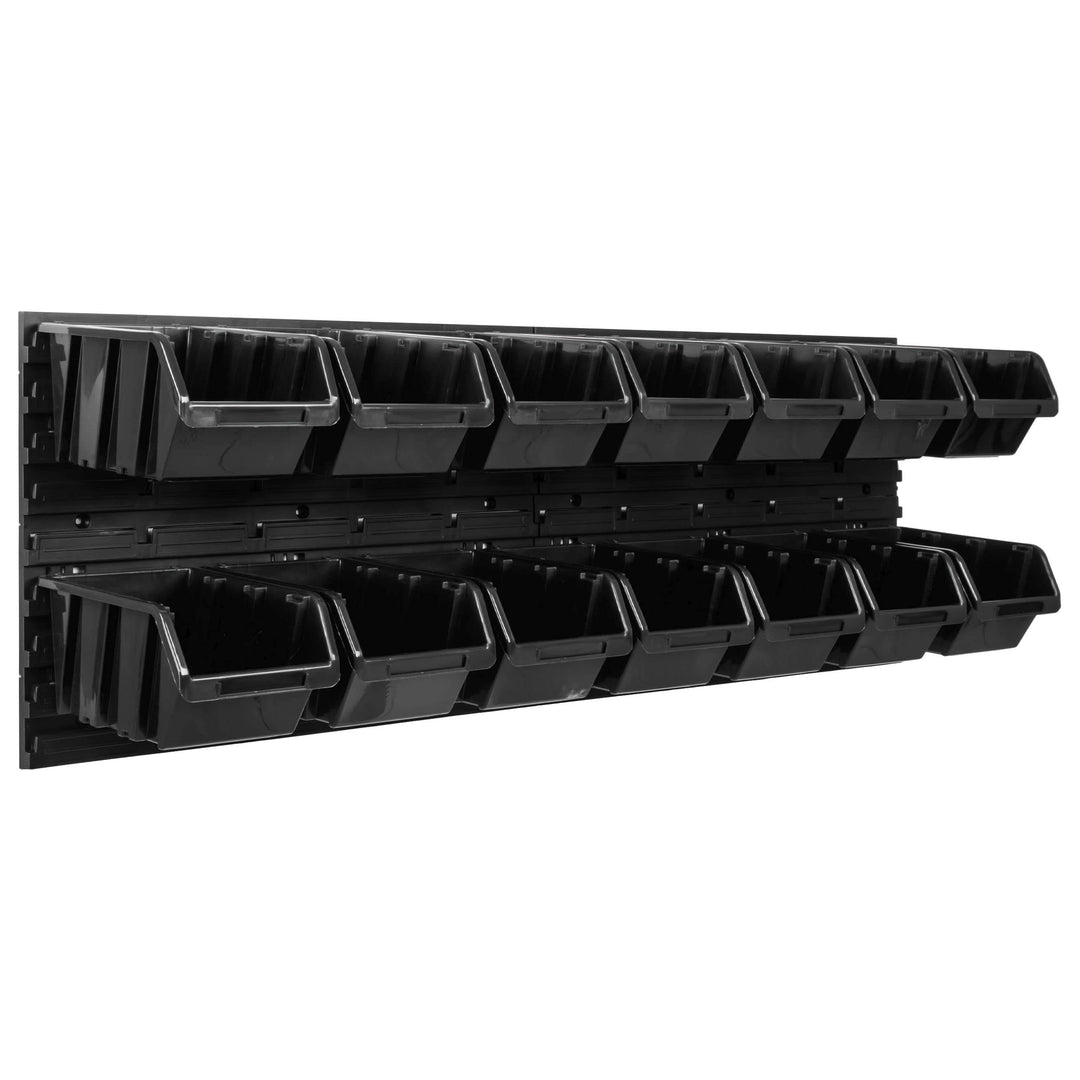 Lagersystem Werkstattregal | 115 x 39 cm | 14 stck. Box | Wandregal mit Stapelboxen - Wandplatten Ex
