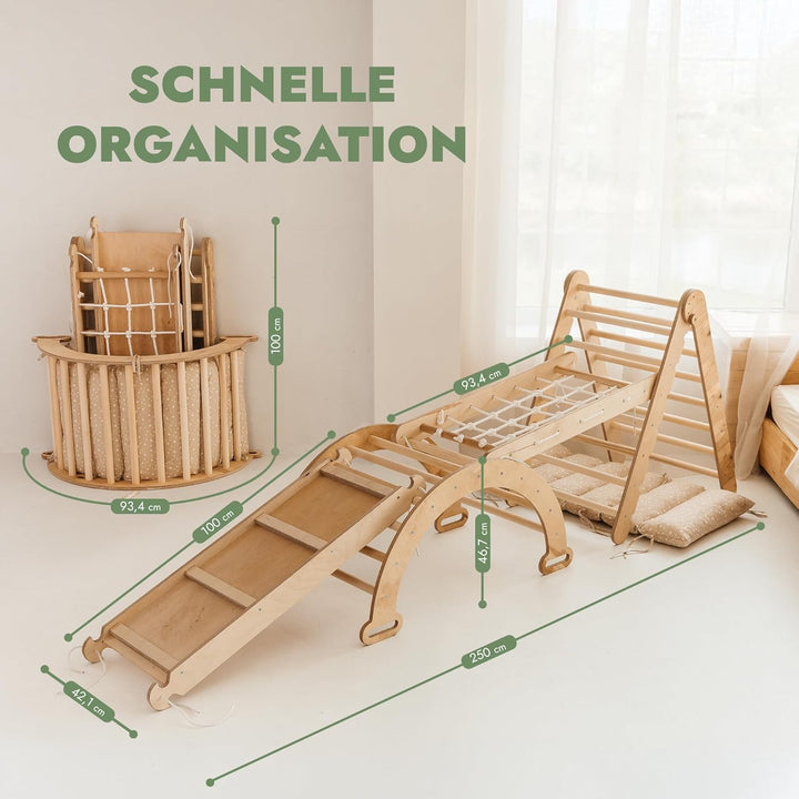 Goodevas 5-in-1 Montessori Klettergerüst Set: Indoor Kletterdreieck, Kletterbogen mit Kissen, Klette
