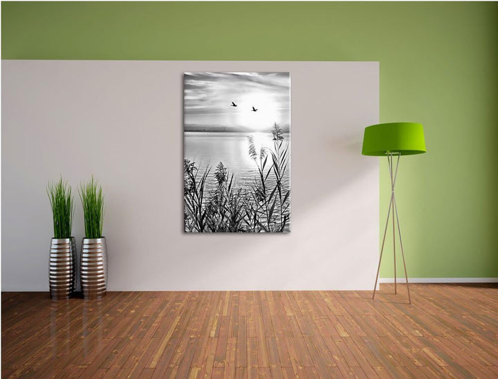Pixxprint Sonnenuntergang am See / 100x70cm Leinwandbild bespannt auf Holzrahmen/Wandbild Kunstdruck