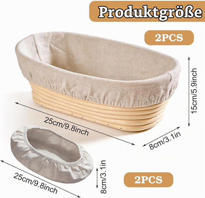 BAIFULAI Gärkörbchen oval 2er-Set, Ø25cm Brotgärkörbe mit Leineneinsatz, Gärkörbchen Set, Gärkorb Ov