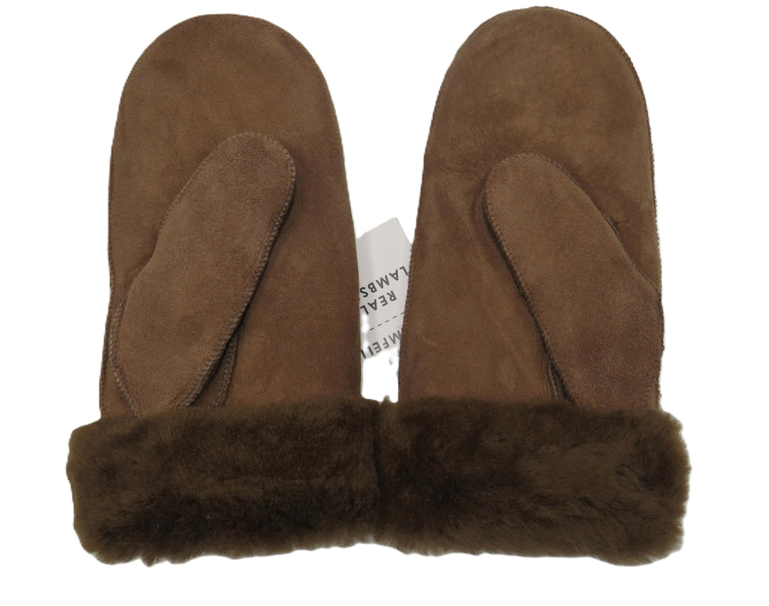 Lammfell Handschuhe Fäustlinge, Fausthandschuhe aus Merino Lammfell, Cognac - braun - olive, Damen -