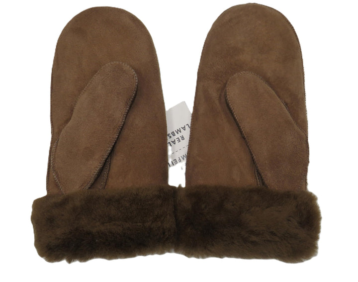 Lammfell Handschuhe Fäustlinge, Fausthandschuhe aus Merino Lammfell, Cognac - braun - olive, Damen -
