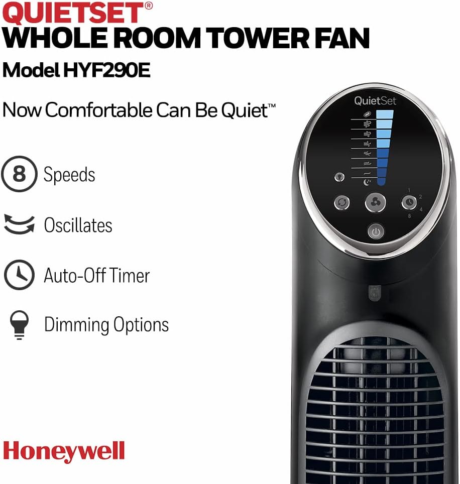 Honeywell QuietSet Tower (8 Geschwindigkeitseinstellungen, Oszillation 80°, Timer-Funktion, Fernbedi