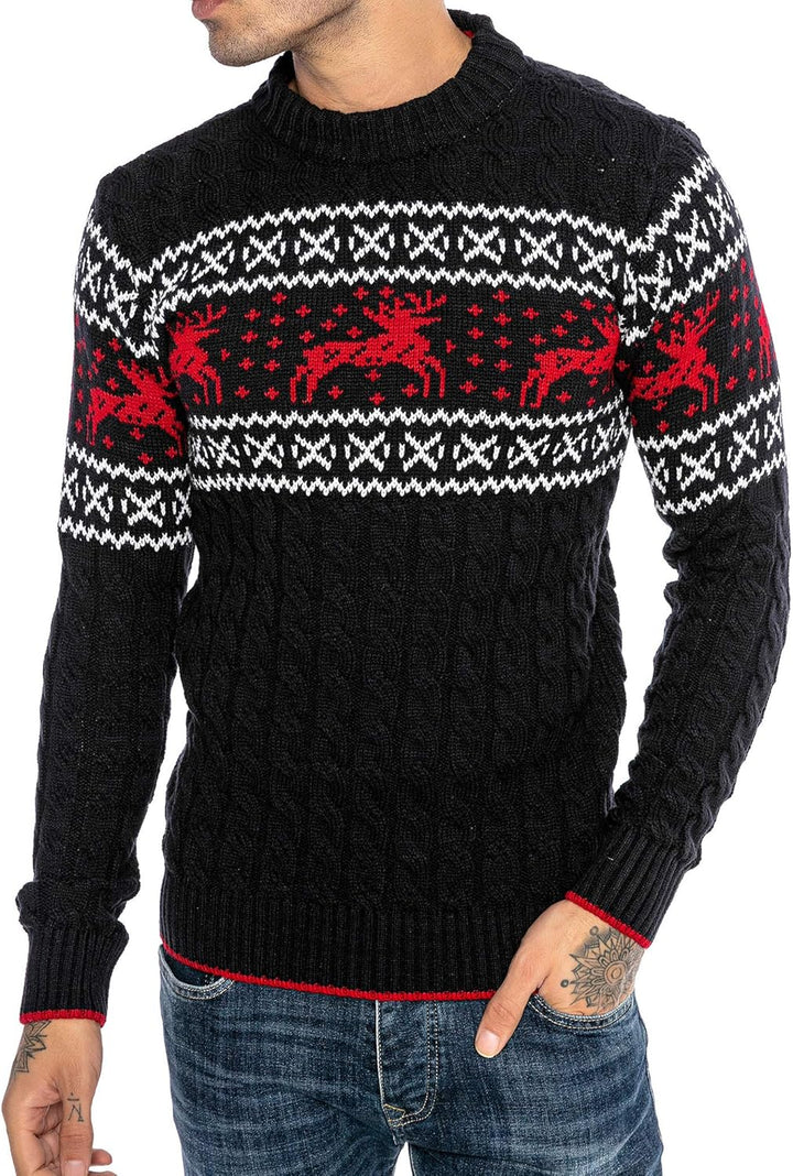 Red Bridge Herren Strickpullover Norweger Pullover Slim-Fit Plait Reindeer S Blau, S Blau