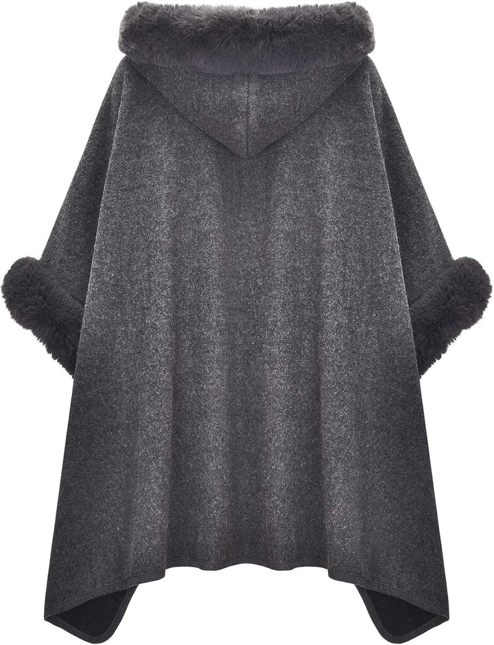 ZLYC Damen Winter Umhang Strickjacke Warm Kunstpelz Mäntel Poncho Cape mit Kapuze Einheitsgrösse Gra