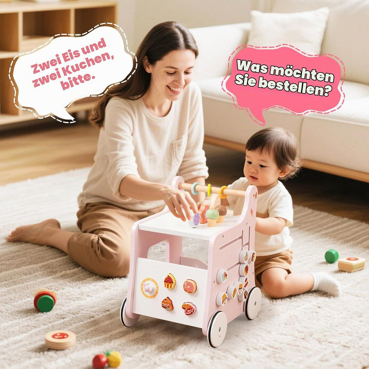 DREAMADE Lauflernwagen Holz, 6-in-1 hölzerne Lauflernhilfe, Baby Walker mit Blöcken &amp; Zubehör, Lernl