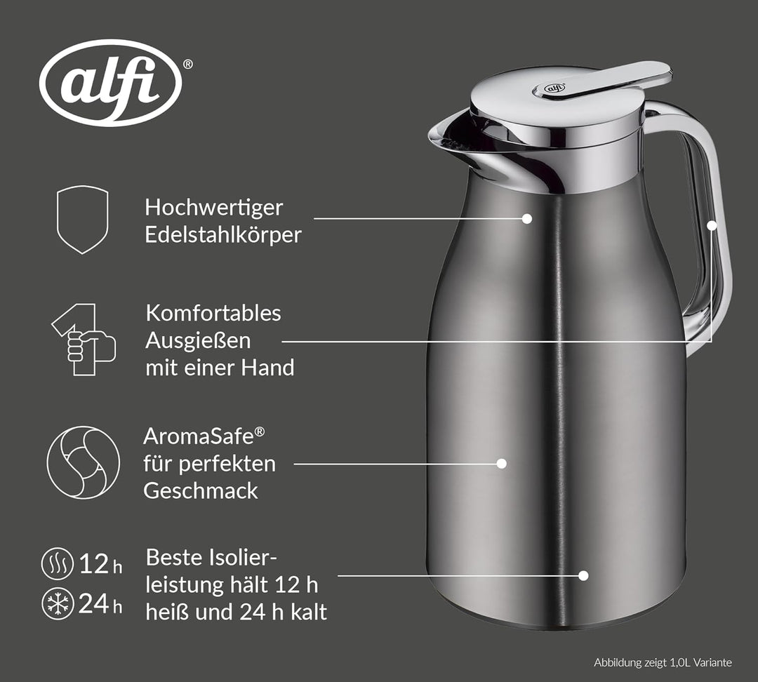 alfi SKYLINE 650ml, cool grey mat, Edelstahl-Isolierkanne mit hygienischem Hartglaseinsatz, Drehvers
