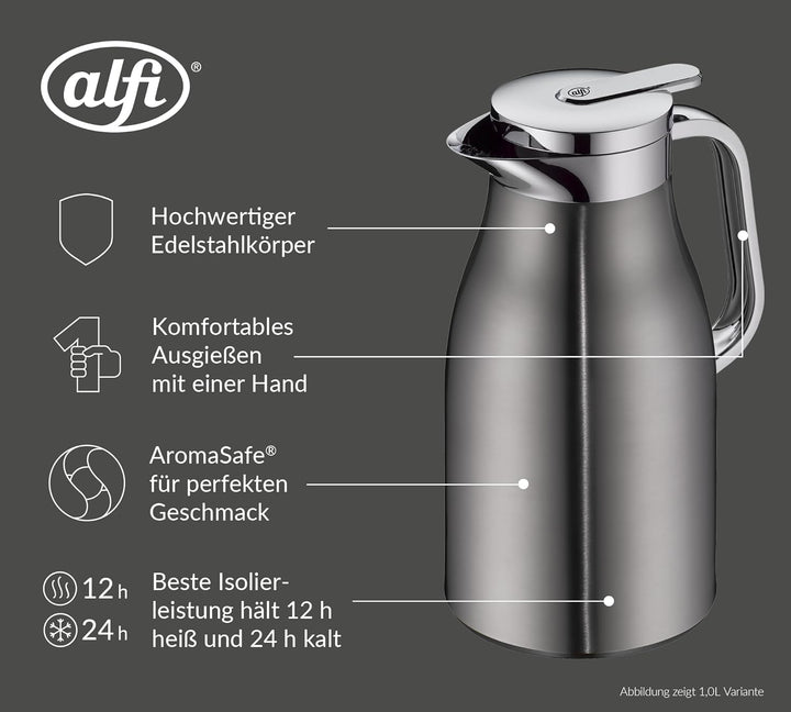 alfi SKYLINE 650ml, cool grey mat, Edelstahl-Isolierkanne mit hygienischem Hartglaseinsatz, Drehvers