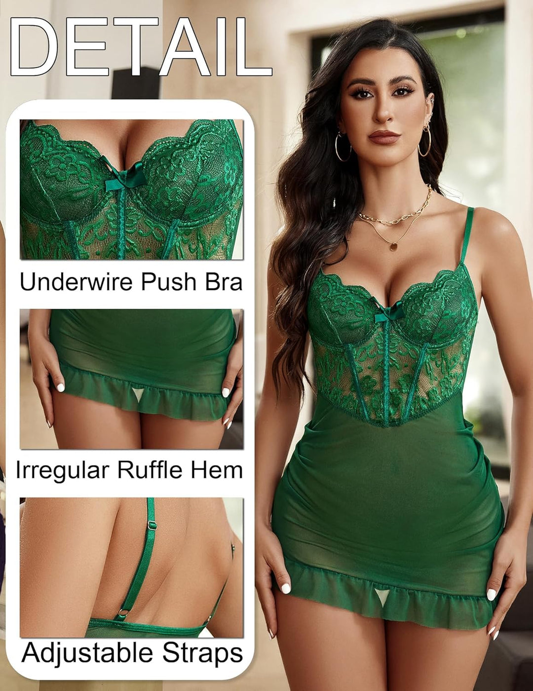 Avidlove Damen Spitze Body Kurz Kleid Sexy Dessous mit Bügel Mesh Nachthemd mit String Plissiertes B