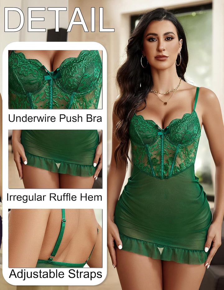 Avidlove Damen Spitze Body Kurz Kleid Sexy Dessous mit Bügel Mesh Nachthemd mit String Plissiertes B