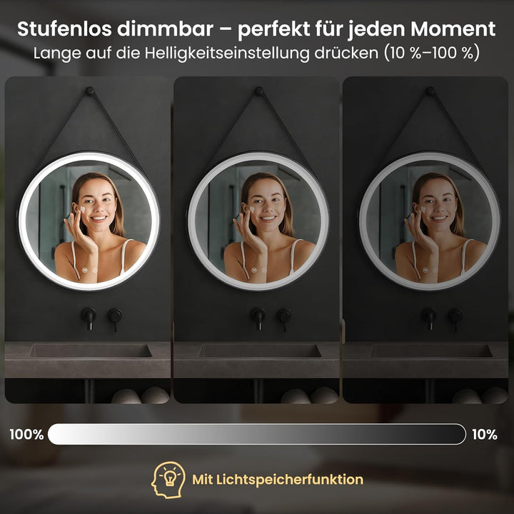 LED Spiegel Bad mit Beleuchtung 70cm Rund – Touch-Schalter, Beschlagfrei, Dimmbar – Badezimmerspiege