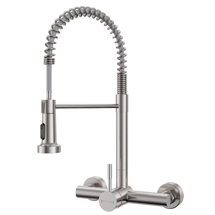 wasserhahn küche wandmontage mit ausziehbarem Sprühkopf, Hoch Gebogen Wandarmatur mit 2 Strahlarten