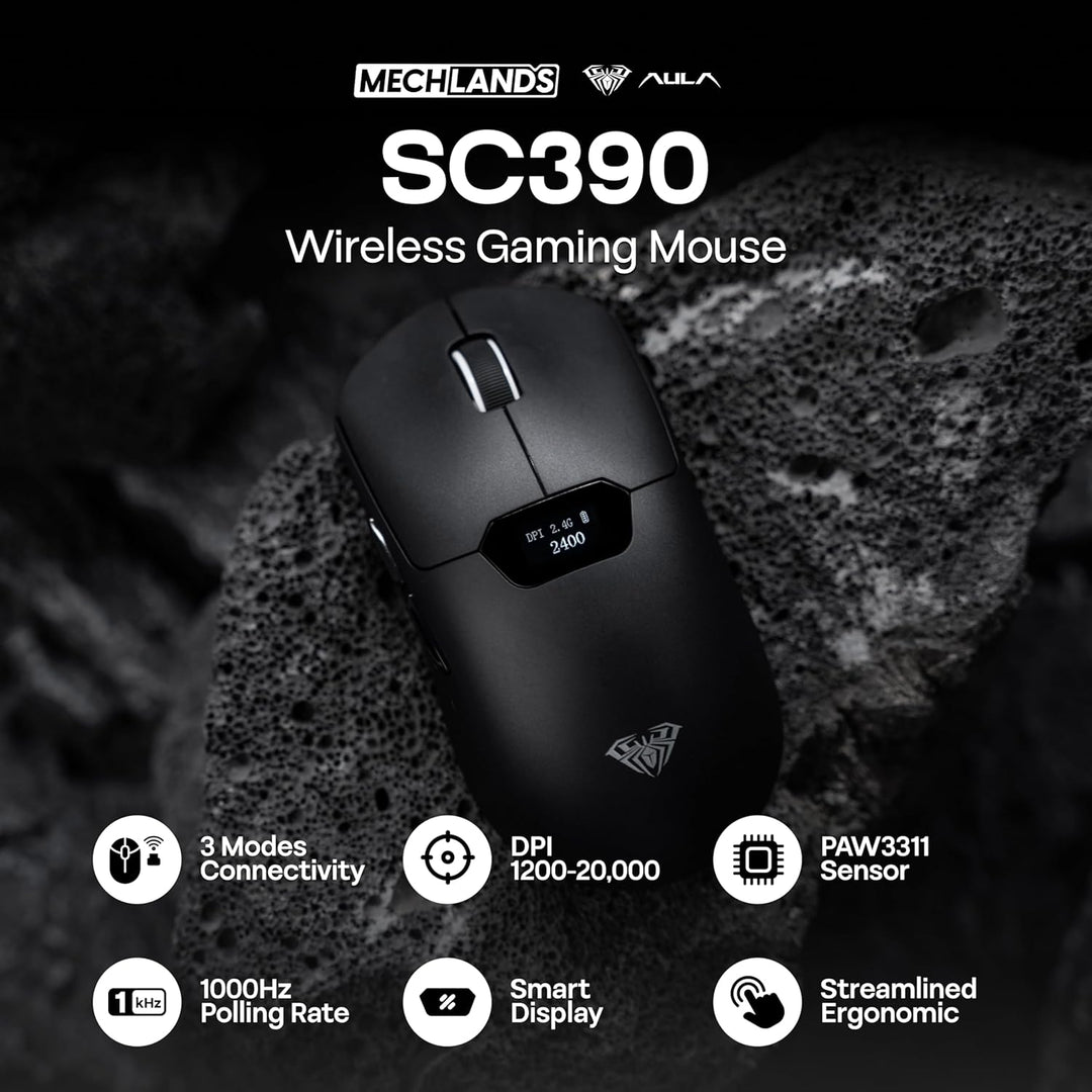 MechLands Aula SC390 – Leichte Gaming-Maus mit Display, kabellose 2,4-GHz-/USB-C-/BT-Maus mit 400-mA