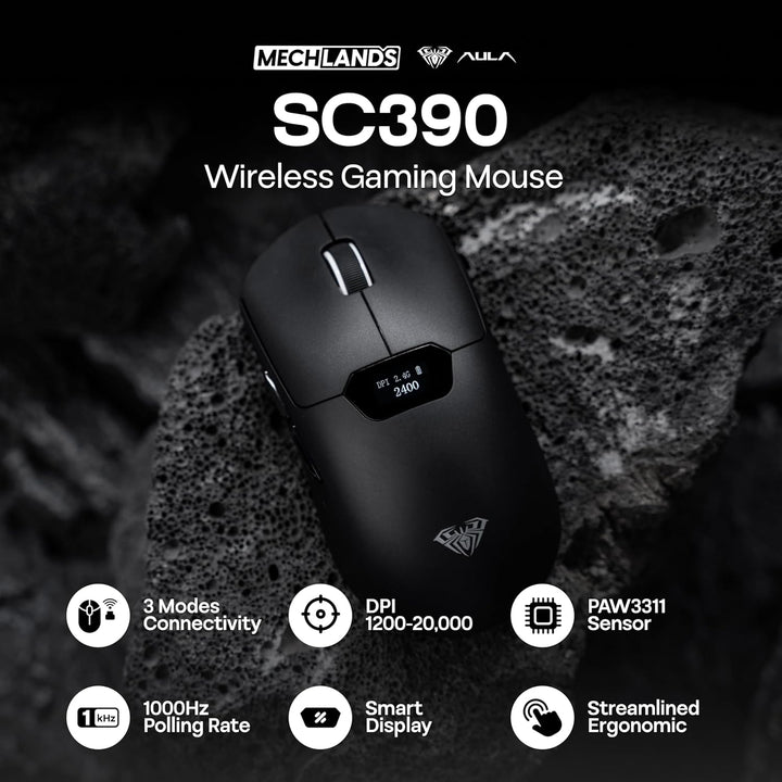 MechLands Aula SC390 – Leichte Gaming-Maus mit Display, kabellose 2,4-GHz-/USB-C-/BT-Maus mit 400-mA