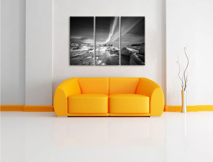 Pixxprint gewaltiges Polarlicht Kunst B&W / 3-Teilig/Gesamtmass 120cm Leinwandbild bespannt auf Holz