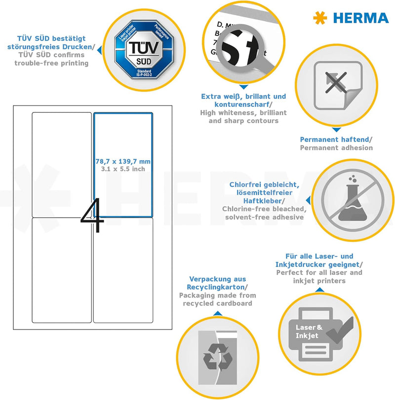 HERMA 4472 Versandetiketten, 100 Blatt, 78,7 x 139,7 mm, 4 Stück pro A4 Bogen, 400 Aufkleber, selbst