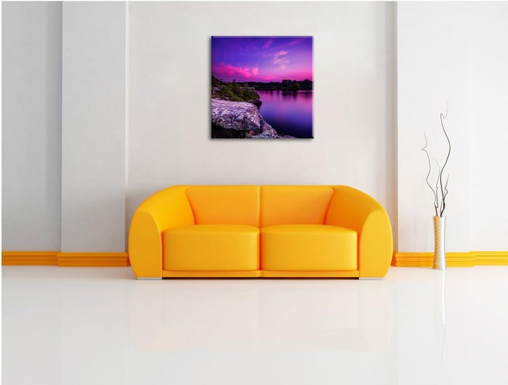 Lila Seelandschaft, Format: 70x70 auf Leinwand, XXL riesige Bilder fertig gerahmt mit Keilrahmen, Ku