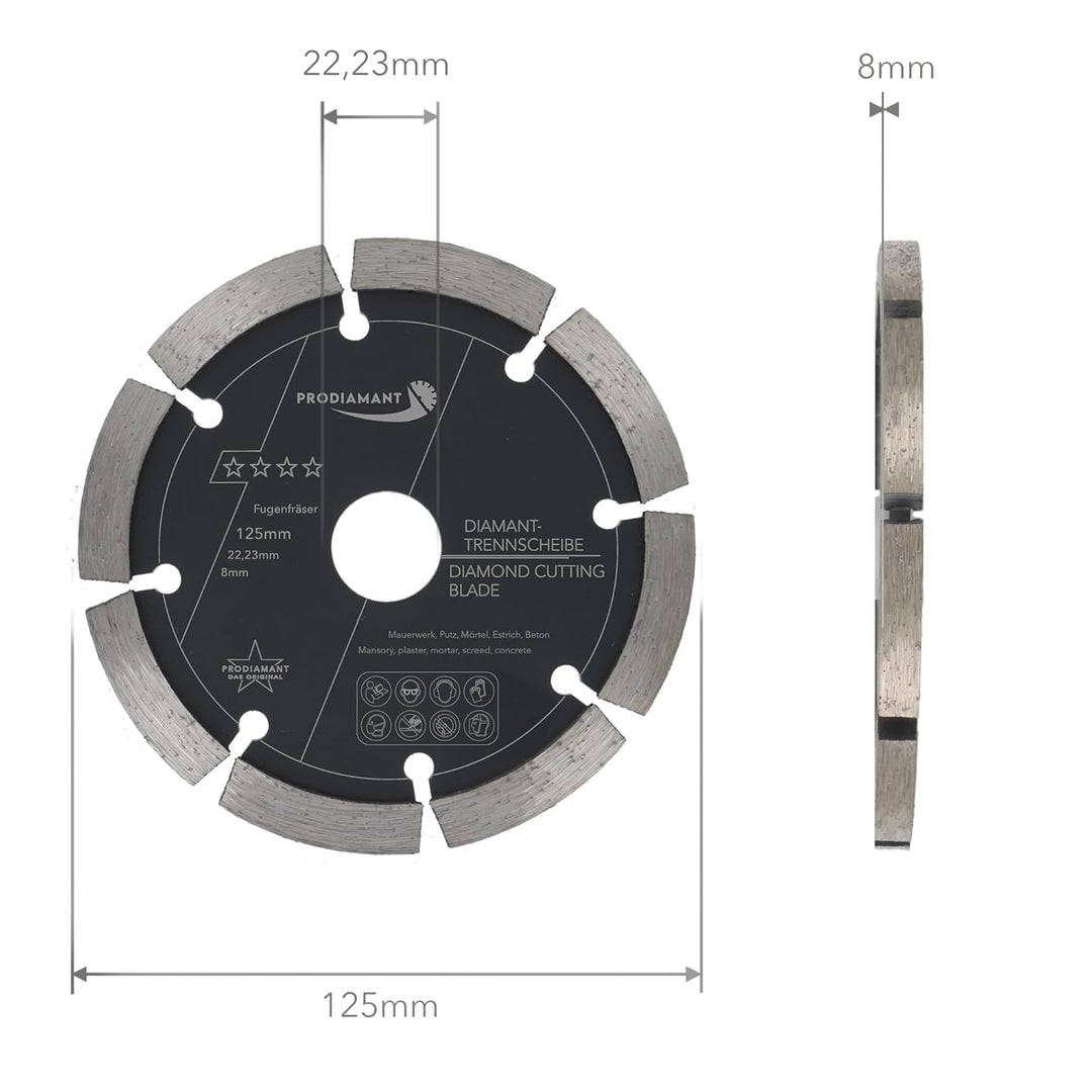 PRODIAMANT Fugenfräser ø 125mm Breite 8mm Frässcheibe für Mauerwerk Mörtel Fugen und Putz 10mm Segme