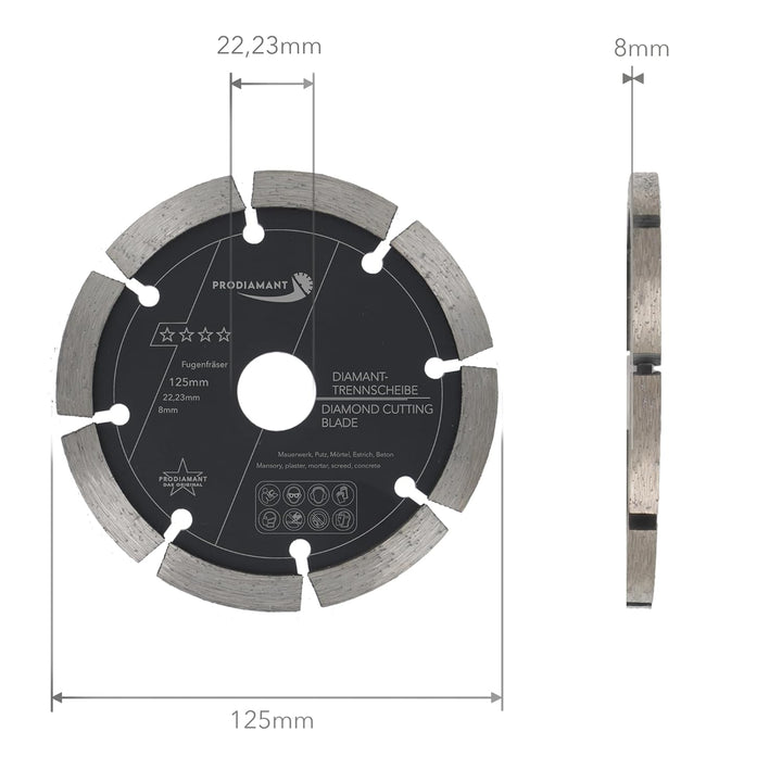 PRODIAMANT Fugenfräser ø 125mm Breite 8mm Frässcheibe für Mauerwerk Mörtel Fugen und Putz 10mm Segme