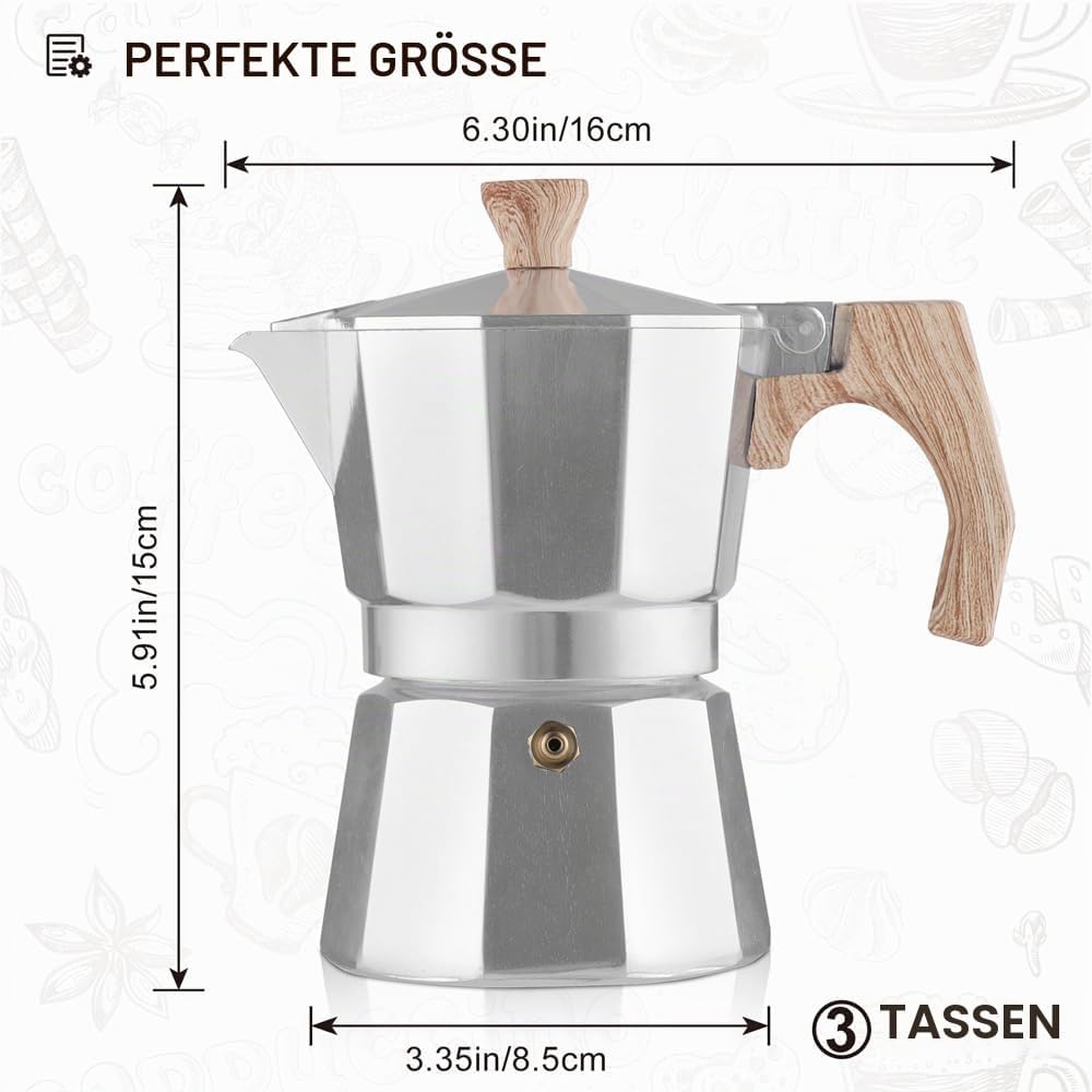 wedrink Aluminium Mokkakanne, 3 Tassen Moka Pot, Für Gas Elektroherd, Klassische Espressokanne für I