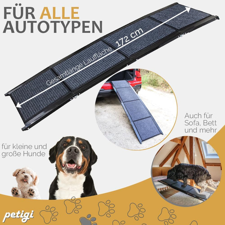 Petigi Hunderampe mit rutschfesten Teppich 180 cm klappbar für Auto Hunde Rampe Hundetreppe Einstieg