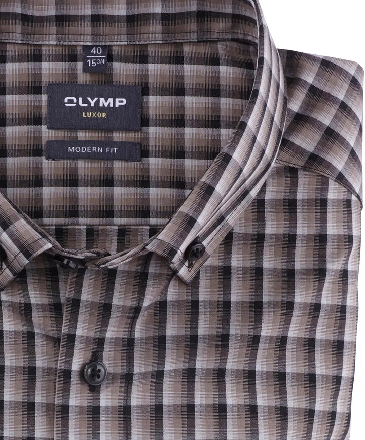 OLYMP Herren Businesshemd Langarm Luxor,Kariert,modern fit,Button-Down-Kragen 39 Taupe 23, 39 Taupe