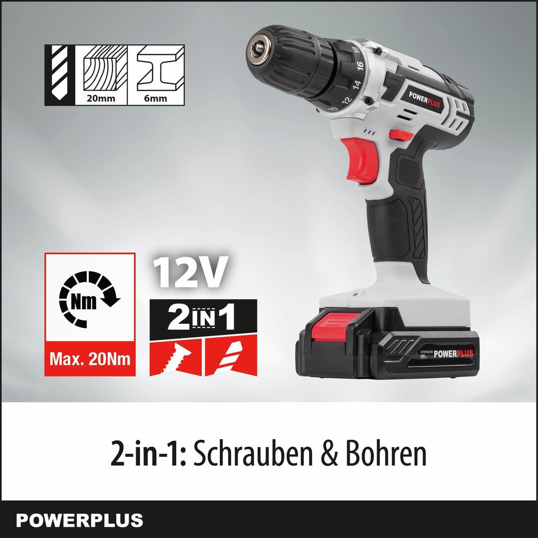 Powerplus Akkuschrauber & Akkubohrer POWC1051 - Schraubendreher & Bohrer 12V, Inkl. 1 x 1,3Ah Akku u