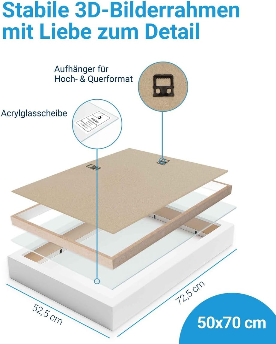 PHOTOLINI 3D Bilderrahmen zum Befüllen 50x70 Weiss gross, 3 cm tiefer Objektrahmen mit Acrylglas, ti