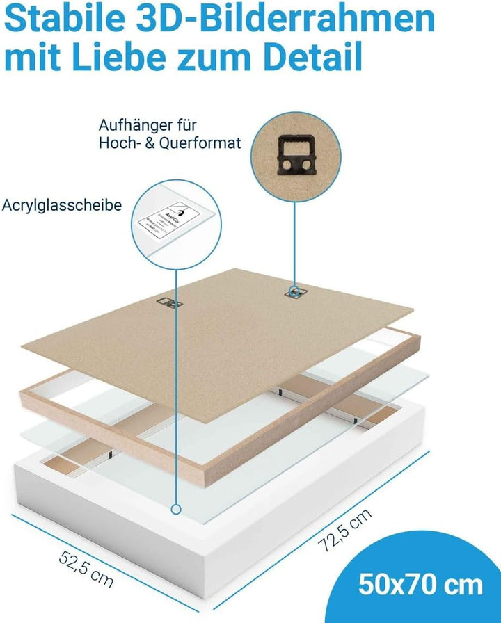 PHOTOLINI 3D Bilderrahmen zum Befüllen 50x70 Weiss gross, 3 cm tiefer Objektrahmen mit Acrylglas, ti