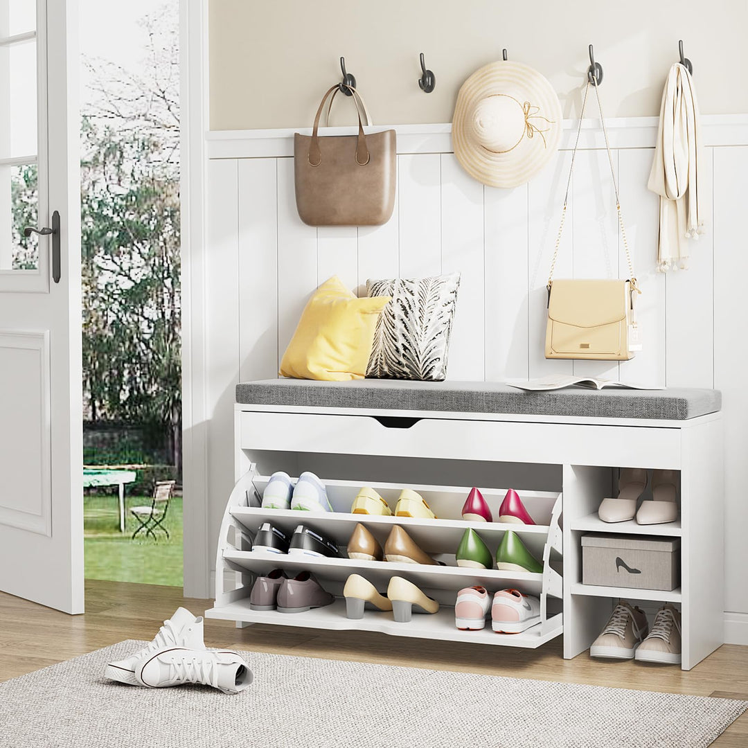 VOWNER Schuhschrank Klappen, Schuhregal Schuhkipper Schmal, Sitzbank mit Sitzkissen, Verstellbar, Fl