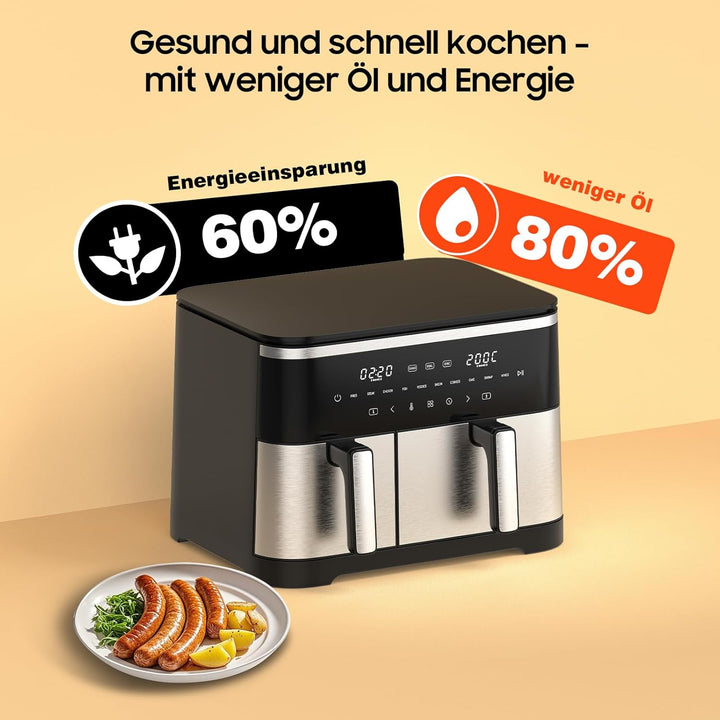 Heissluftfritteuse Doppelkammer XXL 11L - 2600W Airfryer mit 10 Programmen, 7/4L Fassungsvermögen, S