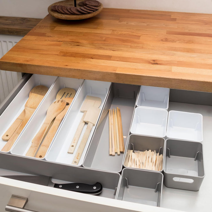 6x Ordnungsboxen - 6 cm hoch - GRAU - 40x10x6cm - 2 Liter - Ordnungskorb - Schubladenorganizer Schub