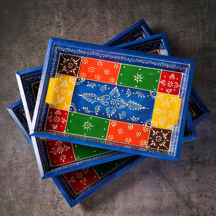 Swadeshi Blessings Serviertablett-Set aus Holz, handgefertigt und handbemalt, für Küche/Tisch und He