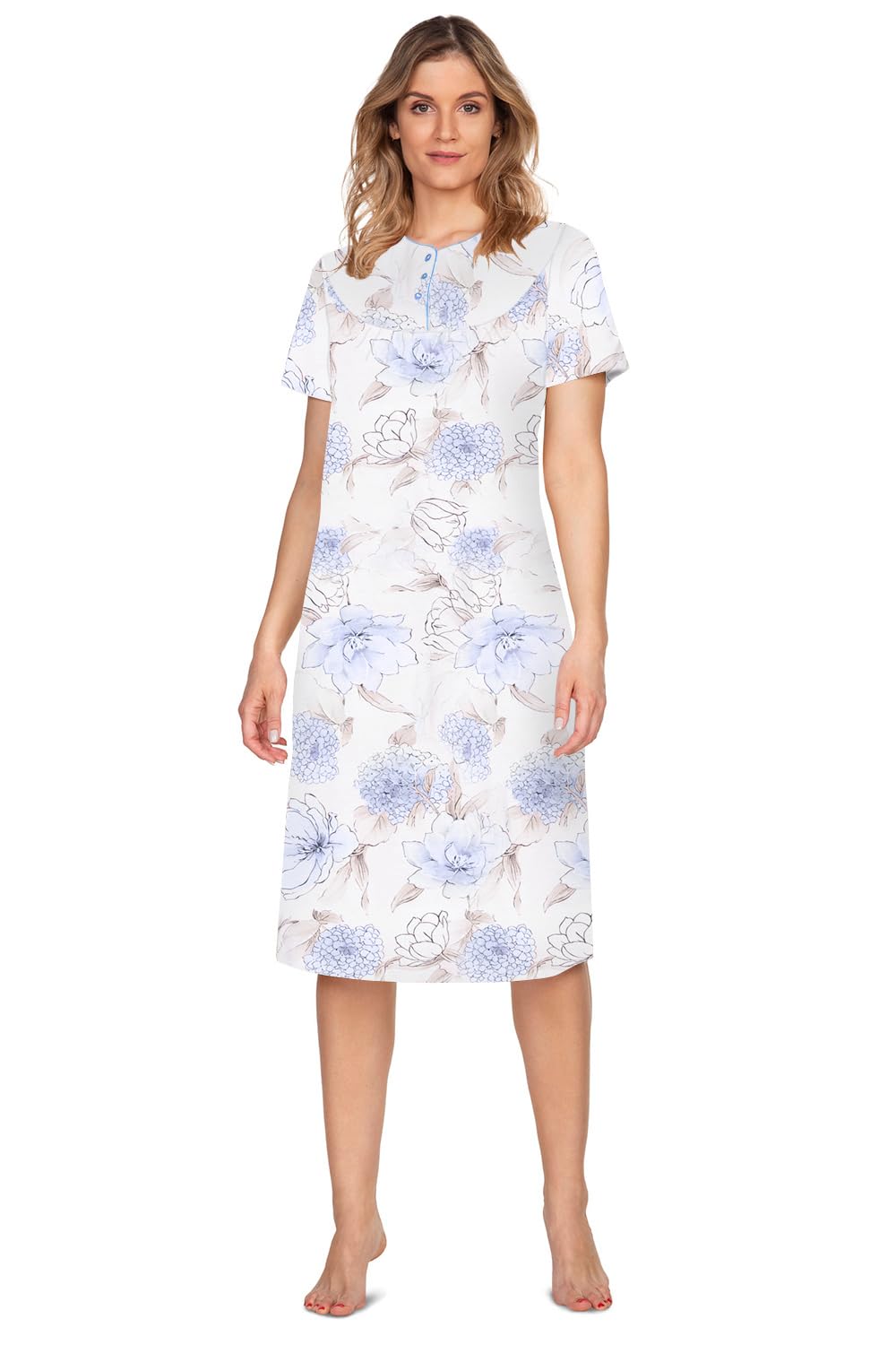 e.Femme® Damen Nachthemd Kate 2348 Kurzarm, 100% Baumwolle Blaue Hortensien 40, Blaue Hortensien 40
