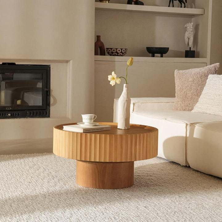 Couchtisch Rund Holz, Coffee Table mit Geriffeltem Design, Wohnzimmertisch Rund in Pilzform mit Den